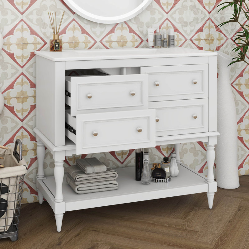 Meuble-lavabo autoportant 36 po avec 4 tiroirs et tablette ouverte 36 po, Blanc