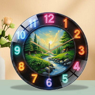Nature Landscape Wall Clock with LED Lights(1) Art - 12'' Modern Glass Wall Clock