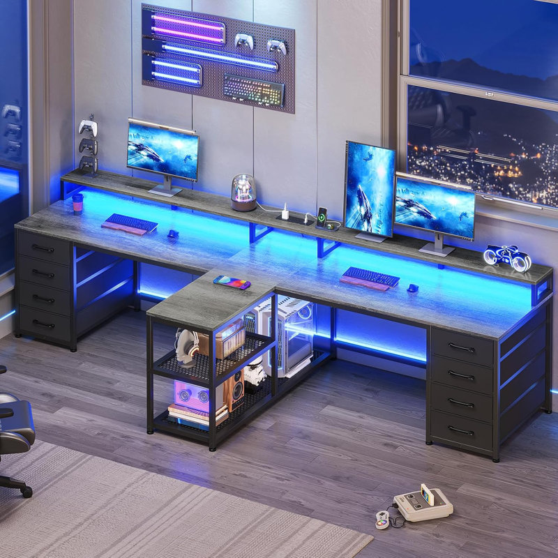 Bureau de jeu 94,5 po pour 2 personnes, bureau d'ordinateur long avec 8 tiroirs et lumières DEL, Gris