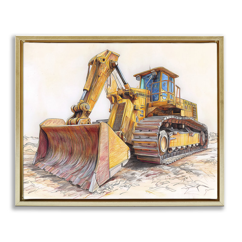 Cadre flottant industriel avec dessin de bulldozer, design par Steve Hunziker, H 25 po x l 31 po