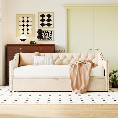 Lit de jour simple avec revêtement beige et gigogne escamotable - Fonctionnel classique sans sommier tapissier au design élégant pour tout décor d'intérieur, d'invités et de salon