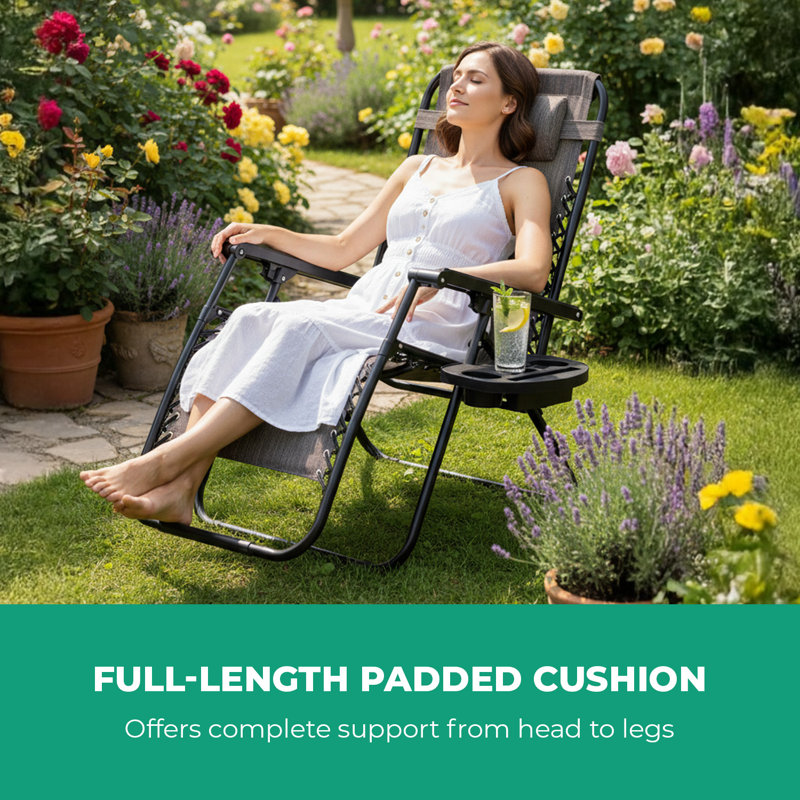 ROYALFORD Zero Gravity Chair | Folding Reclining Garden Chair with Cup Holder, Phone Tray & Adjustable Headrest | Breathable Textilene Fabric Steel Frame Outdoor Patio Sun Lounger Support 120kg