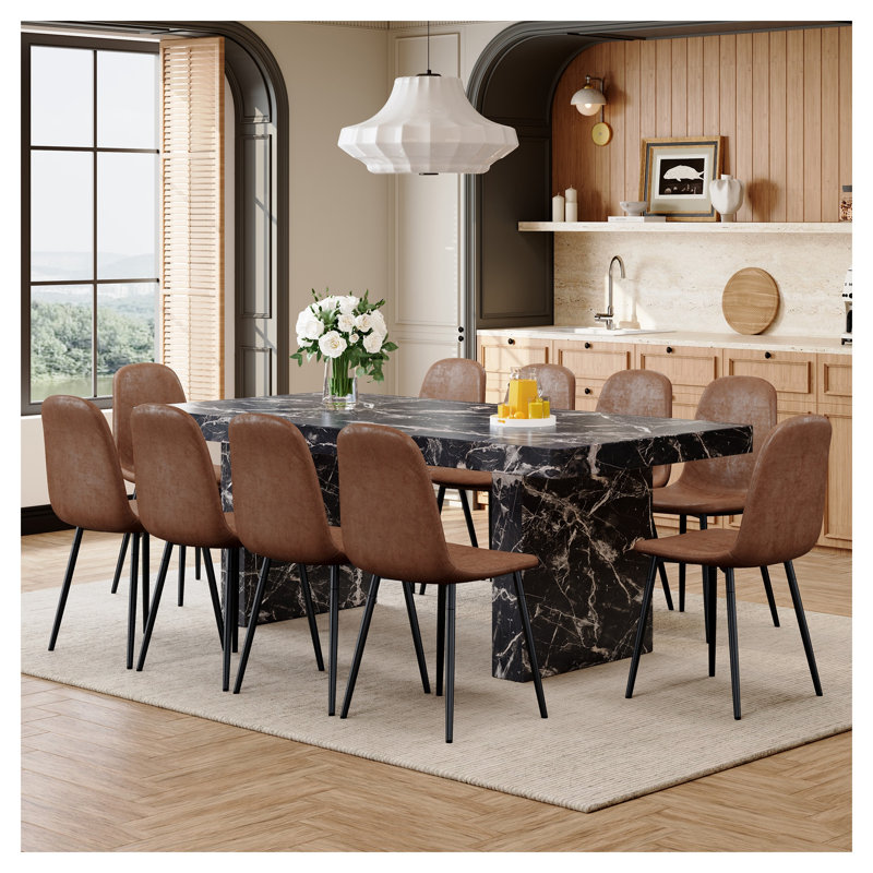 Ensemble de table de salle à manger 78,7 po en marbre noir luxueux avec 10 chaises brun Tech-Fabric - Mobilier de cuisine moderne
