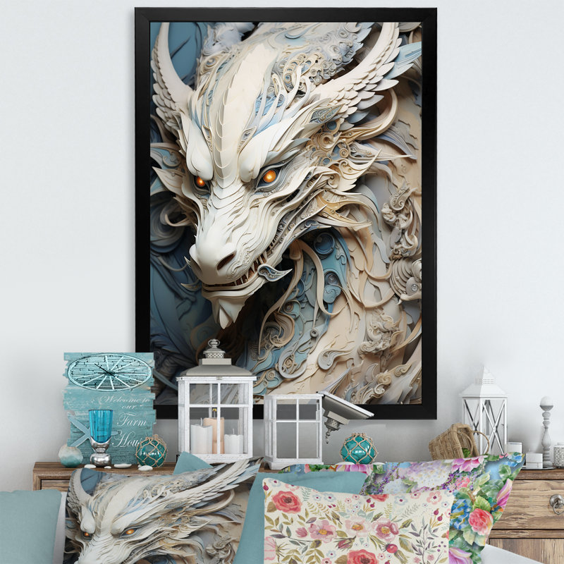 «Epic Blue and Grey Dragon Odyssey I», reproduction encadrée, H 44 po x l 34 po x P 1,5 po, Cadre simple noir