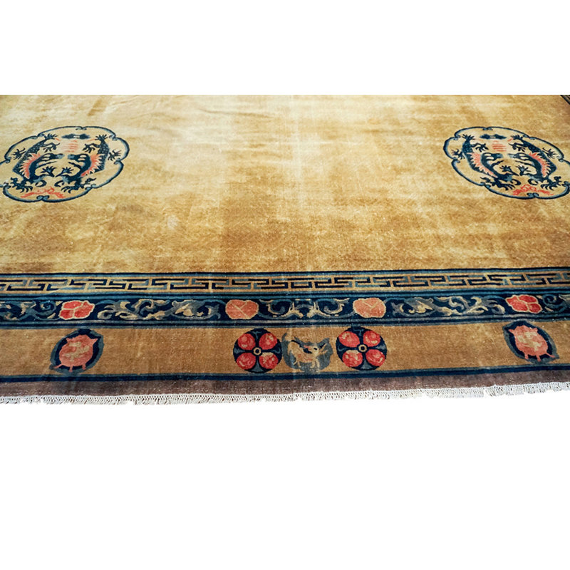 Big Antique Light Ivory Color Chinese Dragon Medallion Knotted Pile Rug