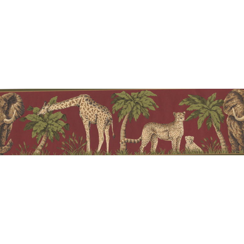 Bordure de papier peint Yreka Leopard Giraffe Elephant Jungle Scarlet L 15 pi x l 7 po
