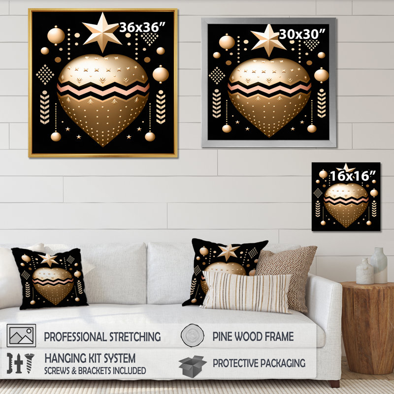 «Golden Geometric Glam Heart» sur impression sur toile, H 30 po x l 30 po x P 1 po, Cadre simple argenté