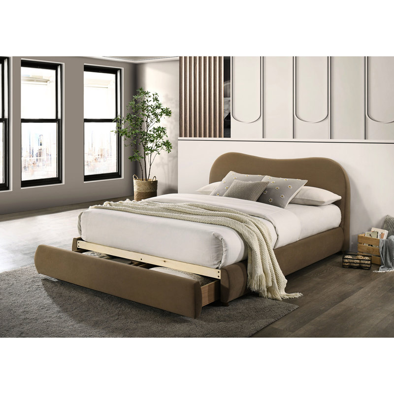 Olive Velvet Upholstered King Bed With Curved Headboard And Storage, Contemporary Bedroom Bedframe Eastern Velvet, Headboard, Storage Space, Solid Wood Base