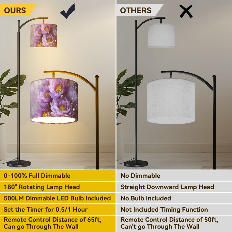 Arc Floor Lamp Purple Lotus Flowers Crystal Accents Elegant Floor Lamps with Remote LED Lights Adjustable Lamp Shades Tall Standing Lamps for Reading Office Living Room