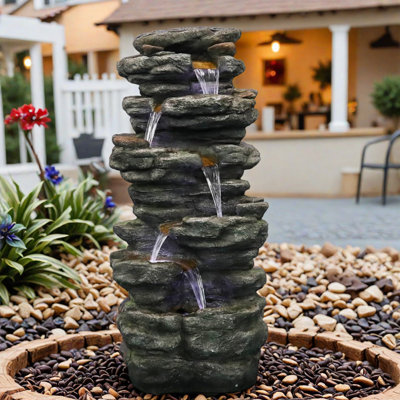 6-Tiers Cascading Rock Outdoor/Garden Water Fountain With LED Lights And Pump - Outdoor Freestanding Fountains Porch, Yard Decor
