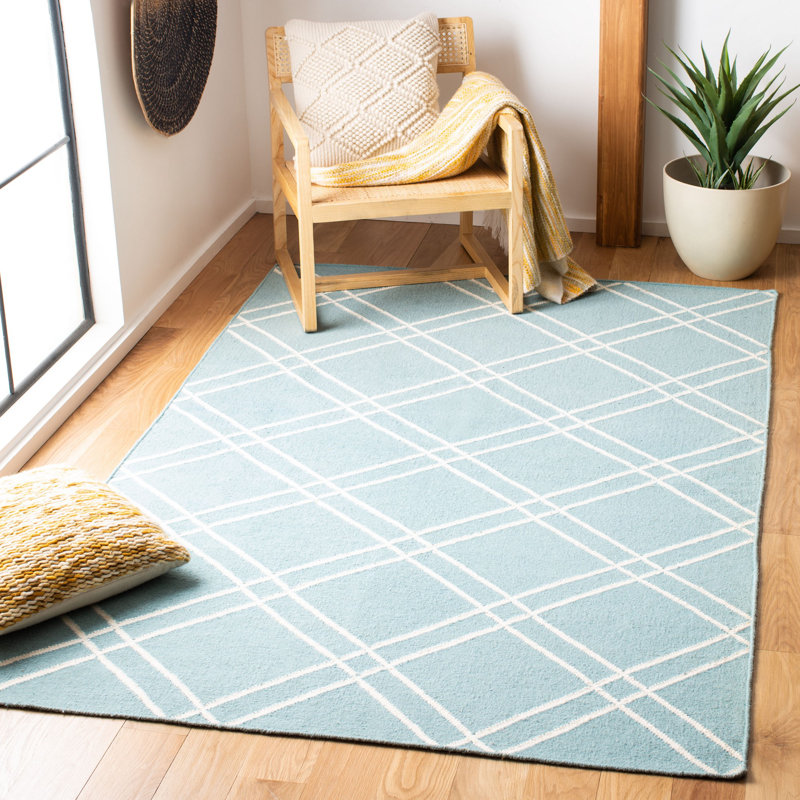 Rodgers Hand Woven Flat Weave Wool/Cotton Geometric Rug in Blue, Rectangle 6' x 9'