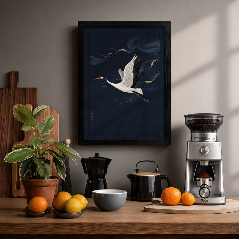 Crane in Flight Japandi - Framed Print, A2 - 59.4 x 42.0 cm, Black