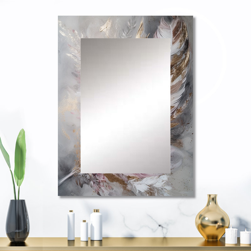 Pink Feather Boho Majesty I - Glam Feather Mirror, Pink Decorative Wall Mirror, Printed Metal Art, 32" x 24"