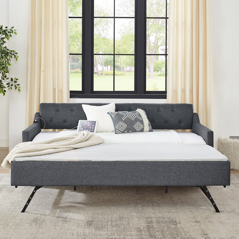 Lit de jour rembourré de taille simple, style Mid-Century, dossier à boutons, accoudoirs ondulés, lit gigogne pour un sommeil supplémentaire, fonction de charge, limite de poids de 300 lb, lin gris, matelas de 6 po, 13 lattes, assemblage
