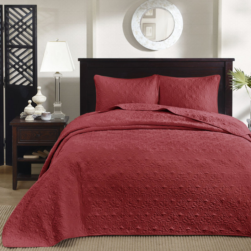 Couvre-lit réversible très grand rouge - mélange de coton, garniture classique à 2 taies décoratives pour une literie hygiénique propre et fraîche