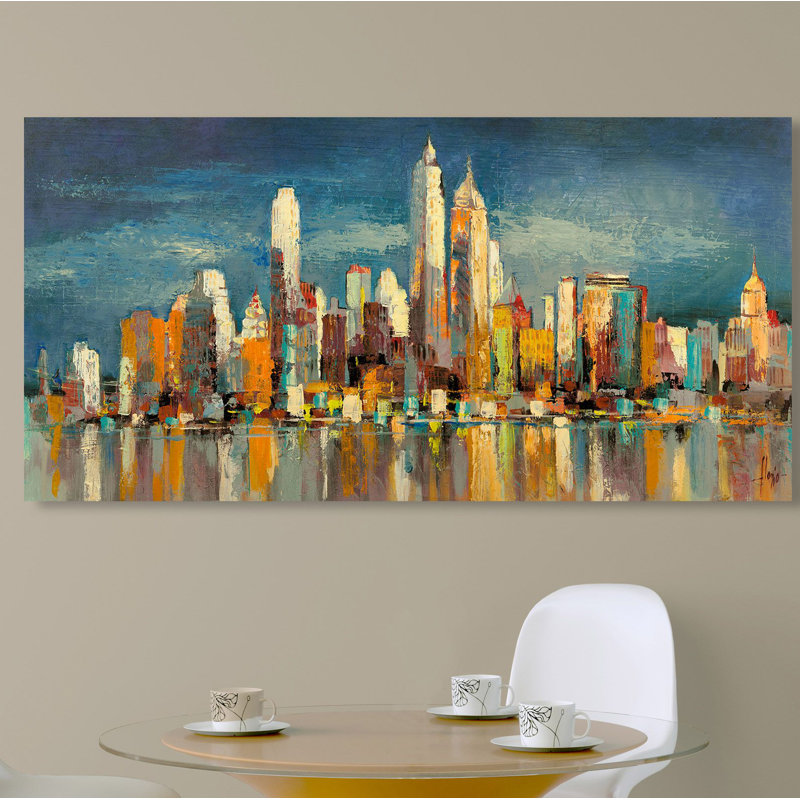 New York, Morning Reflections by Luigi Florio - No Frame Painting on Canvas, 60cm H x 120cm W x 4cm D