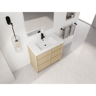 Meuble-lavabo autoportant 36 po avec finition en chêne, lavabo en résine, 2 portes d'armoire à fermeture en douceur, meuble-lavabo en contreplaqué, charnières, poignée biseautée 45 po, matériau dans la base, grand espace de rangement