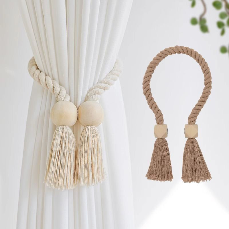 Rustic Magnetic Wooden Ball Curtain Tieback, Beige