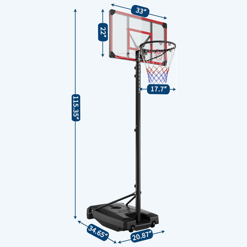 Panier de basketball portatif à hauteur réglable de 4,82 à 8,53 pi avec panneau arrière en PC, roues et base stable pour les jeunes