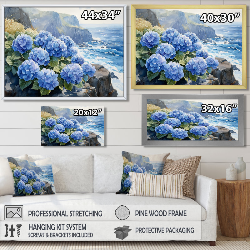 Hortensias au bord de la mer, falaise I - art mural floral, H 12 po x l 20 po, Toile tendue, Ne s’applique pas