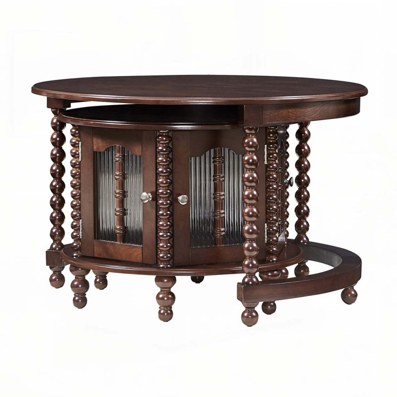 Vintage Round Nesting Coffee Table With 6 Bamboo-style Glass Doors And Ornamental Beaded Legs, Walnut Finish, 31.5" Diameter Retro Accent Table For Living Room