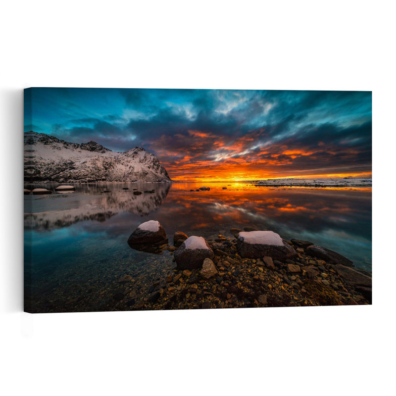 Dramatic Winter Sunset Reflection Colorful Dramatic Peaceful Coastal Landscape Wall Art Print 1 Piece Wrapped Canvas Wall Art