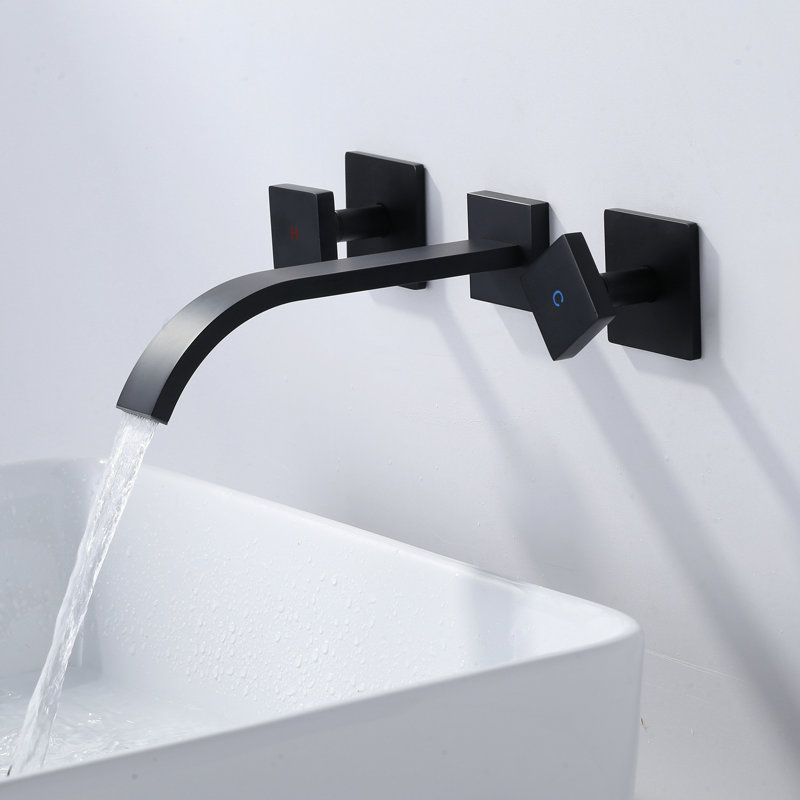 Double Handle Wall Mounted Bathroom Faucet with Waterfall Spout in Solid Brass, Matte Black