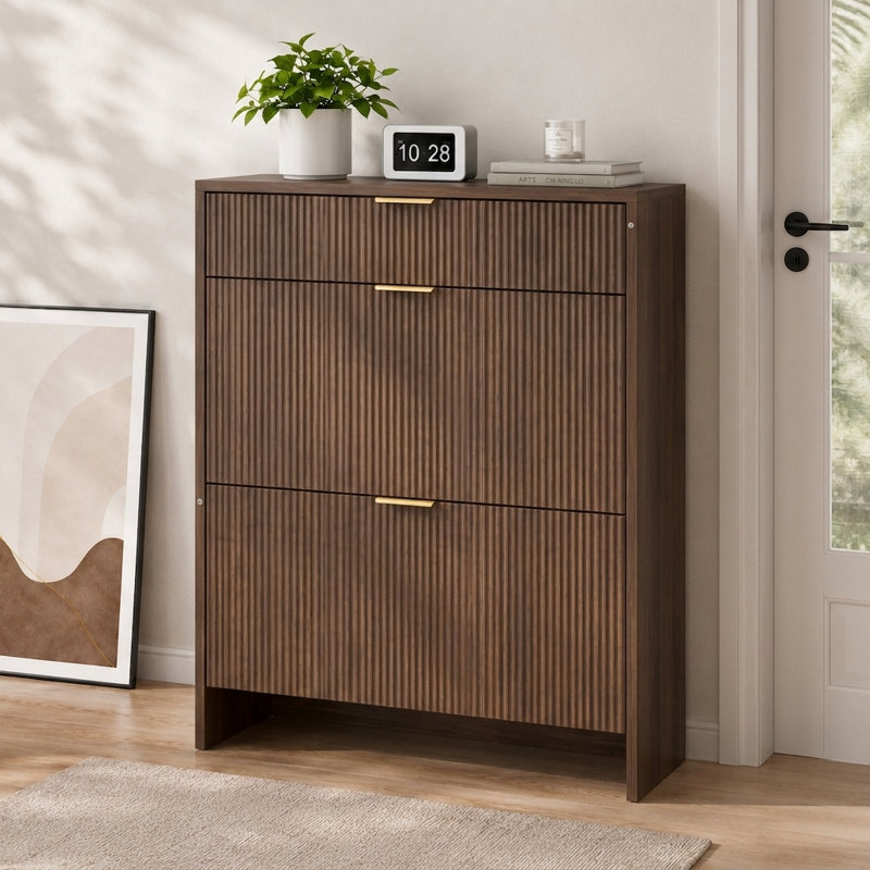 Narrow Fluted Shoe Storage Cabinet with Flip Drawers, Slim Entryway Shoe Organizer with Pull-Out Drawer & Gold Handles
