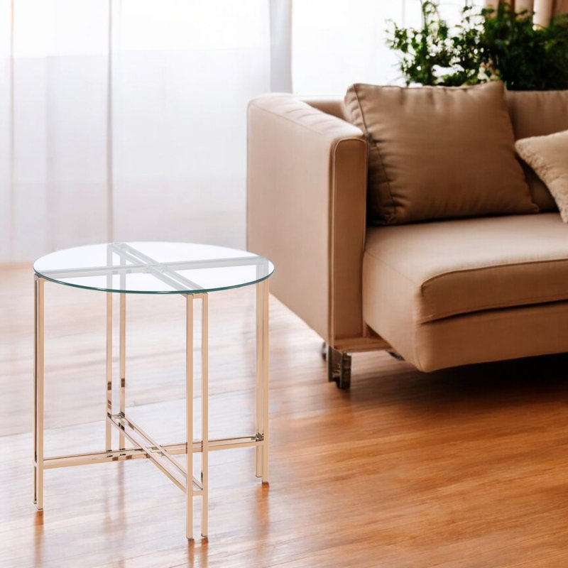 Table de bout avec plateau en verre transparent et finition champagne