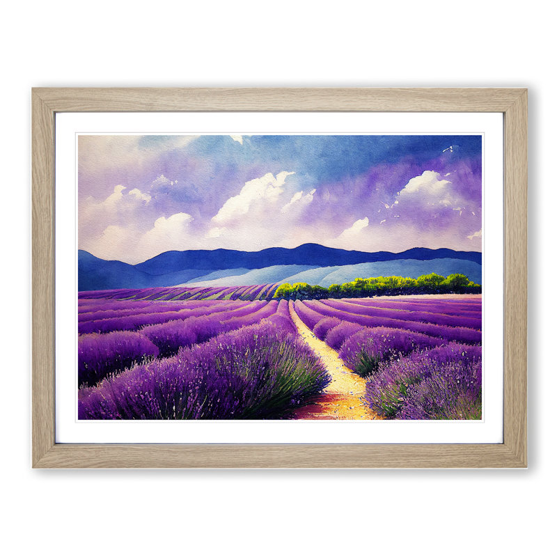 Lavender Field Watercolour Vol.2 - Single Picture Frame Print, 25cm H x 34cm W x 2cm D, Oak Framed