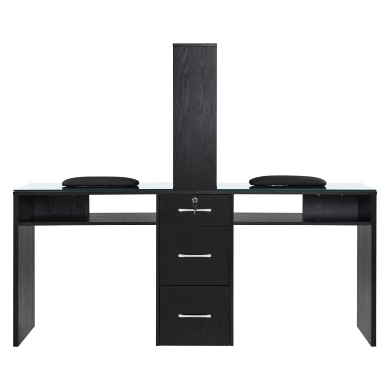  71.7'' Wide Double Position Nail Desk with Glass Top, Locking Drawer and Storage Shelf, Black