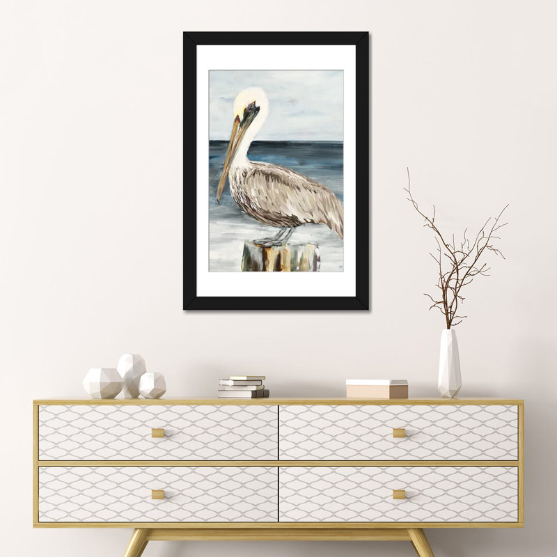 " Muted Perched Pelican " by Julie Derice, White, 24" H x 16" W x 1" D, Black Framed