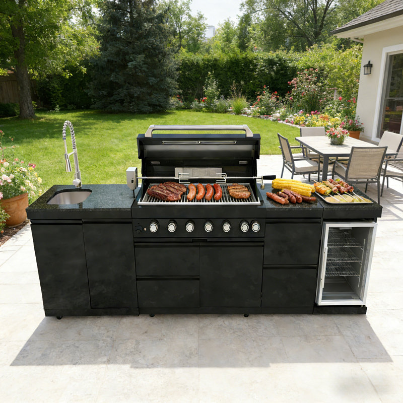 43-Inch 6-Burner 85000 BTU Deluxe Stainless Steel Gas Outdoor Kitchen Bar Barbecue Island Grill + Wine Cooler Compact Refrigerator + Rotisserie Kit + Granite Countertops + Stainless Steel Sink