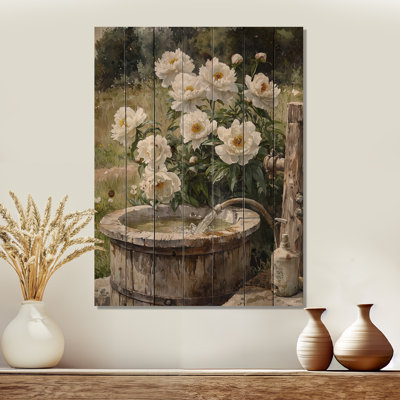 Pivoines par l'arrosage VI - Art mural en bois de pivoines - sur bois de pin naturel