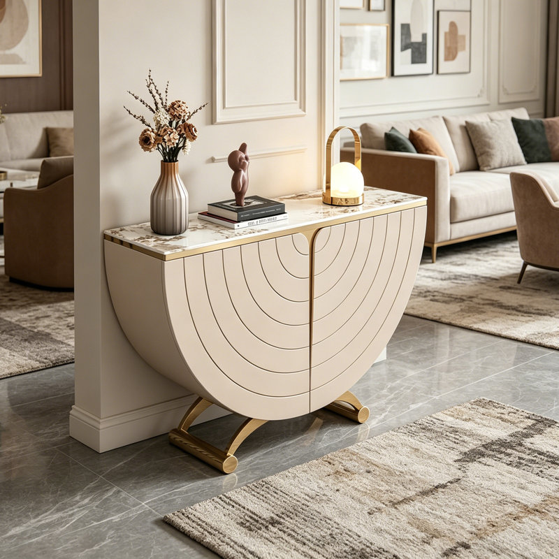Console moderne en pierre frittée demi-ronde, 33.46" H x 47.24" W x 13.78" D, Beige