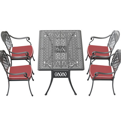 5 patios en aluminium coulé - noir, rouille, sièges rembourrés, table rectangulaire, 4 coussins d'extérieur avec coussins 5 pièces, chaises empilables à haute température, table