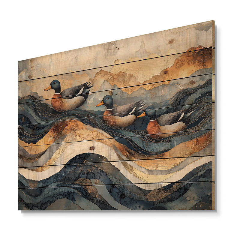 «Ducks Family At The Lake Landscape I» - Décoration murale animal en bois de canard - sur bois de pin naturel