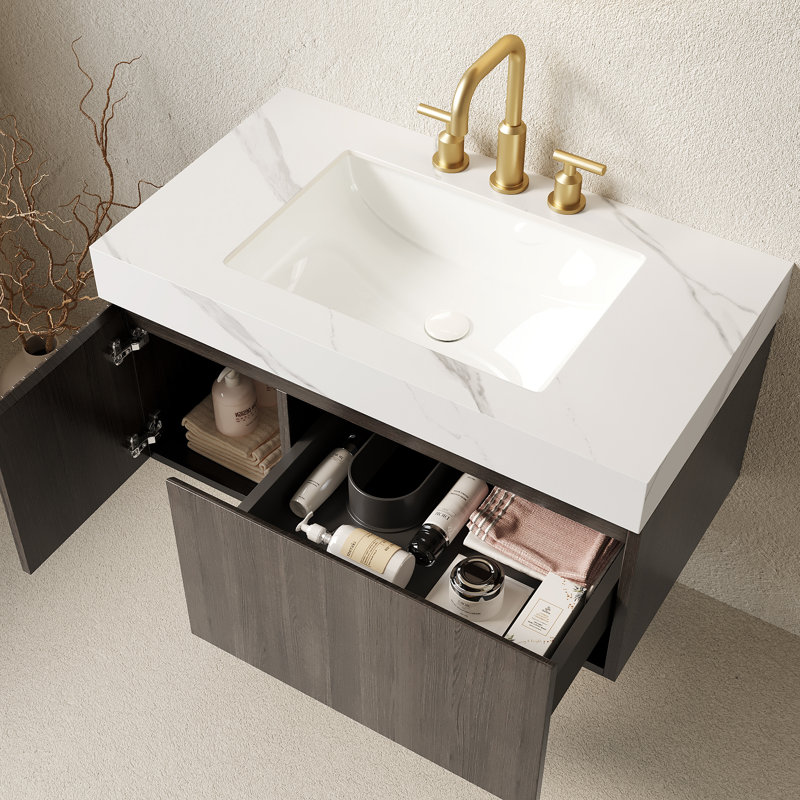 Meuble-lavabo 36 po, meuble de rangement flottant en contreplaqué avec tiroir et porte, comptoir en pierre frittée blanc de Carrare et lavabo en céramique avec 3 trous de robinet pré-percés