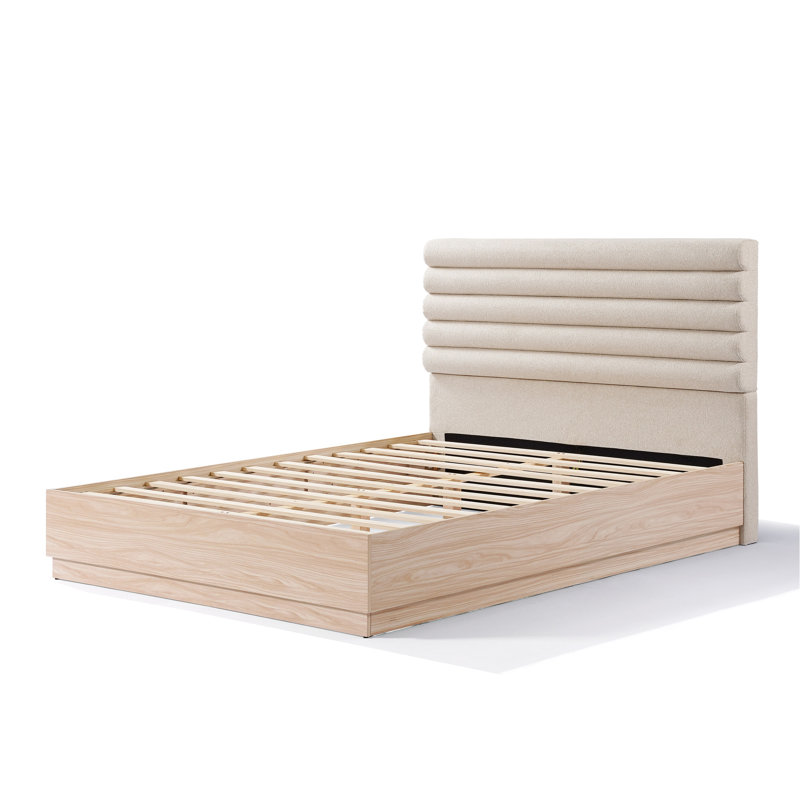 Queen Wood Frame Bed With Boucle Upholstered Headboard