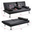 Futon canapé-lit, canapé-lit pliant convertible en similicuir moderne pour le salon avec 2 porte-gobelets, accoudoirs souples amovibles et pieds en métal robustes, noir charmant.