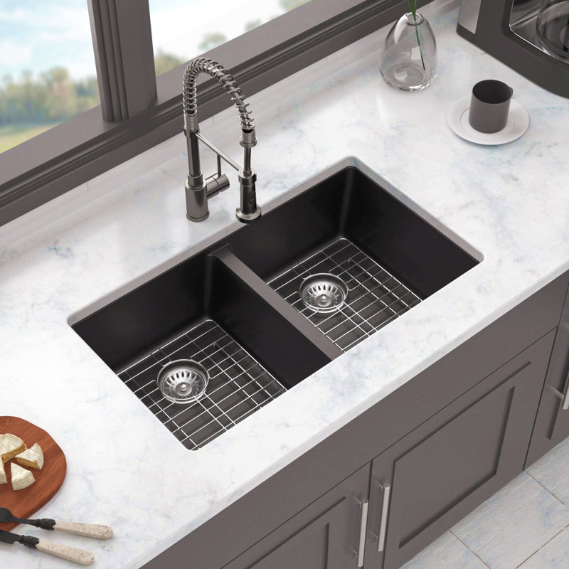 Quartz Kitchen Sink - 33" X 19" Granite Composite Undermount Kitchen Sink Double Bowl(50/50), Black