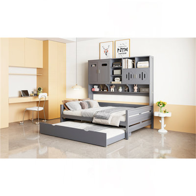 Full Size Wooden Daybed With Twin Size Trundle, And All-In-One Cabinet And Shelf, Gray