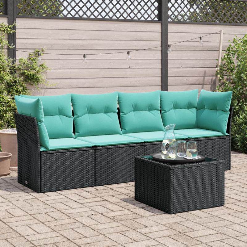 Ensemble de canapé de patio 5 pièces avec coussins en rotin de polyester, Bleu clair, Noir