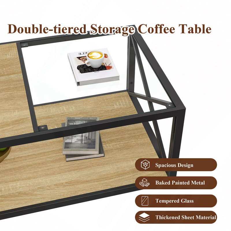 Table basse moderne pour chambre et salon, plateau en verre trempé et MDF, style industriel
