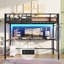 Lit mezzanine double avec bureau et éclairage à DEL, lit mezzanine double en métal avec prise de courant, cadre de lit double avec lit supérieur, garde-corps et échelle, économiseur d'espace,-507437378