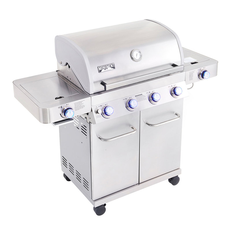 Monument Grills 24367 4-Burner Stainless Steel Propane Gas Grill with Dual Side Burners & Infrared Sear Station, 72,000 BTU, LED Knobs – Perfect for Family BBQs