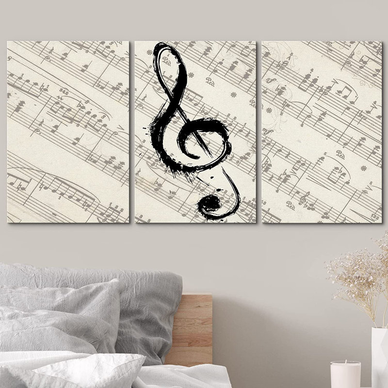 Music Note on Score Paper Musical Room Decor Gallery Wrapped Canvas 3 Piece Print Set Wall Art, 24" H x 36" W x 5.5" D
