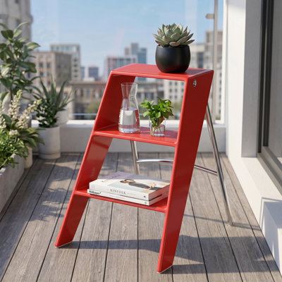 Multifunctional 2-In-1 Folding Step Ladder & Bar Stool, 3-Step Anti-Slip Ladder With 3-Tier Storage, Versatile For Climbing, Seating & Storage In Kitchen, Home Bar,Red