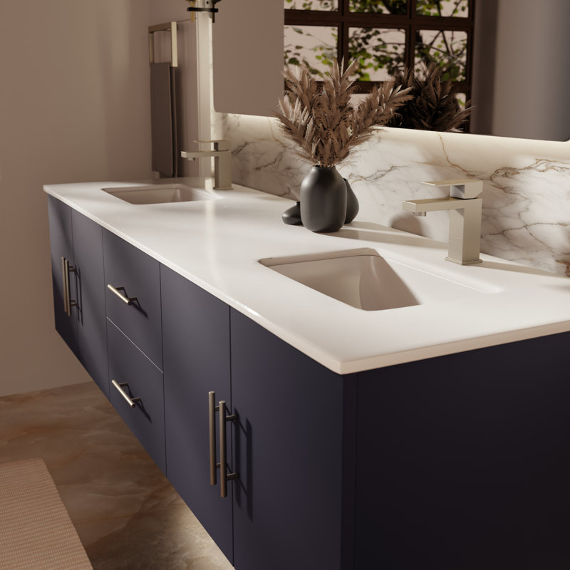 Geneva 72" Wall-Mounted Double Bathroom Vanity Set, Navy Blue, White Cultured Marble