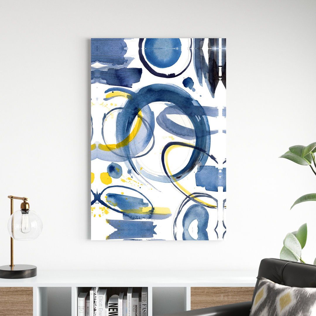 " Navy Yellow Watercolor Circles Abstract " Painting Print Wade Logan® 